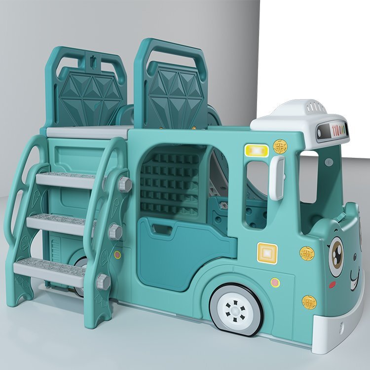 Nichiduta Garden Spatiu de joaca 3 in 1 pentru copii Happy Bus Green cu tobogan cos de baschet 190 x 210 x 116 cm utilizare interiorexterior usa cu deschidere margini rotunjite