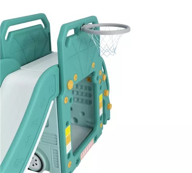 Nichiduta Garden Spatiu de joaca 3 in 1 pentru copii Happy Bus Green cu tobogan cos de baschet 190 x 210 x 116 cm utilizare interiorexterior usa cu deschidere margini rotunjite