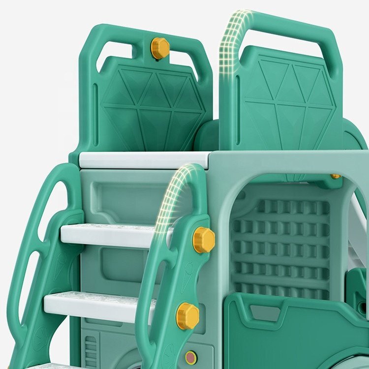 Nichiduta Garden Spatiu de joaca 3 in 1 pentru copii Happy Bus Green cu tobogan cos de baschet 190 x 210 x 116 cm utilizare interiorexterior usa cu deschidere margini rotunjite