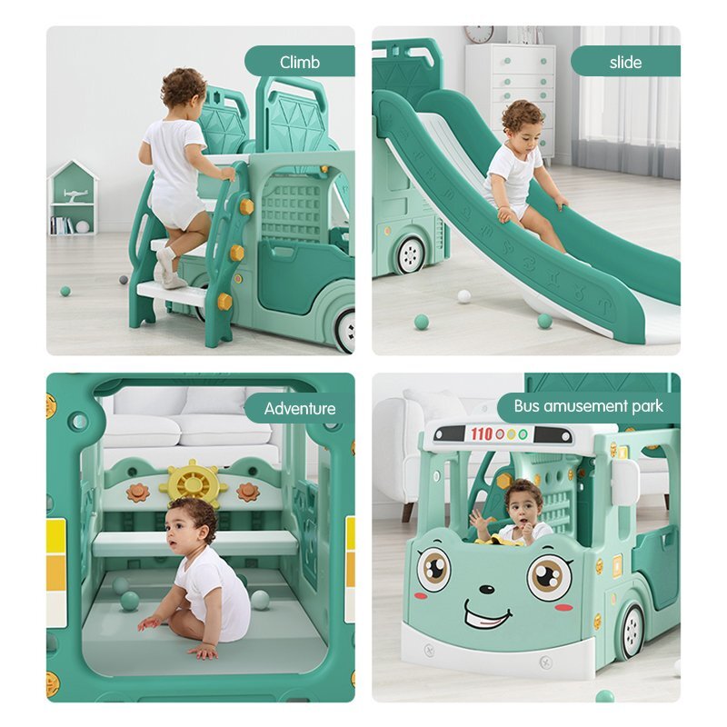 Nichiduta Garden Spatiu de joaca 3 in 1 pentru copii Happy Bus Green cu tobogan cos de baschet 190 x 210 x 116 cm utilizare interiorexterior usa cu deschidere margini rotunjite