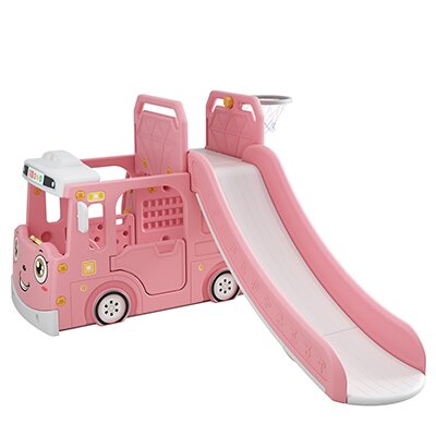 Nichiduta Garden Spatiu de joaca 3 in 1 pentru copii Happy Bus Pink cu tobogan cos de baschet 190 x 210 x 116 cm utilizare interiorexterior usa cu deschidere margini rotunjite