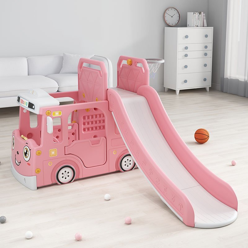 Nichiduta Garden Spatiu de joaca 3 in 1 pentru copii Happy Bus Pink cu tobogan cos de baschet 190 x 210 x 116 cm utilizare interiorexterior usa cu deschidere margini rotunjite