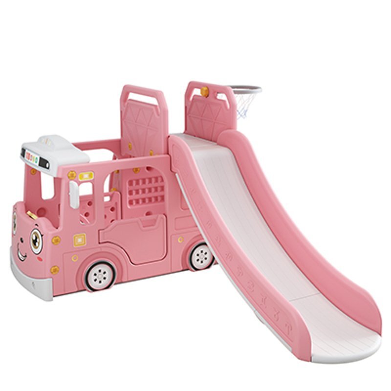 Nichiduta Garden Spatiu de joaca 3 in 1 pentru copii Happy Bus Pink cu tobogan cos de baschet 190 x 210 x 116 cm utilizare interiorexterior usa cu deschidere margini rotunjite