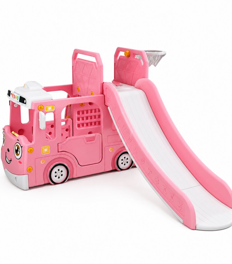 Nichiduta Garden Spatiu de joaca 3 in 1 pentru copii Happy Bus Pink cu tobogan cos de baschet 190 x 210 x 116 cm utilizare interiorexterior usa cu deschidere margini rotunjite