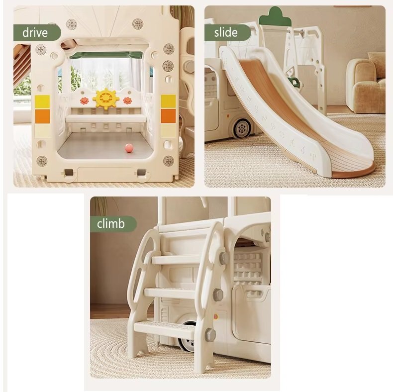 Nichiduta Garden Spatiu de joaca 3 in 1 pentru copii Happy Bus White cu tobogan cos de baschet 190 x 210 x 116 cm utilizare interiorexterior usa cu deschidere margini rotunjite