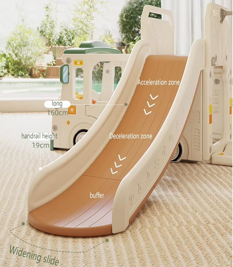 Nichiduta Garden Spatiu de joaca 3 in 1 pentru copii Happy Bus White cu tobogan cos de baschet 190 x 210 x 116 cm utilizare interiorexterior usa cu deschidere margini rotunjite