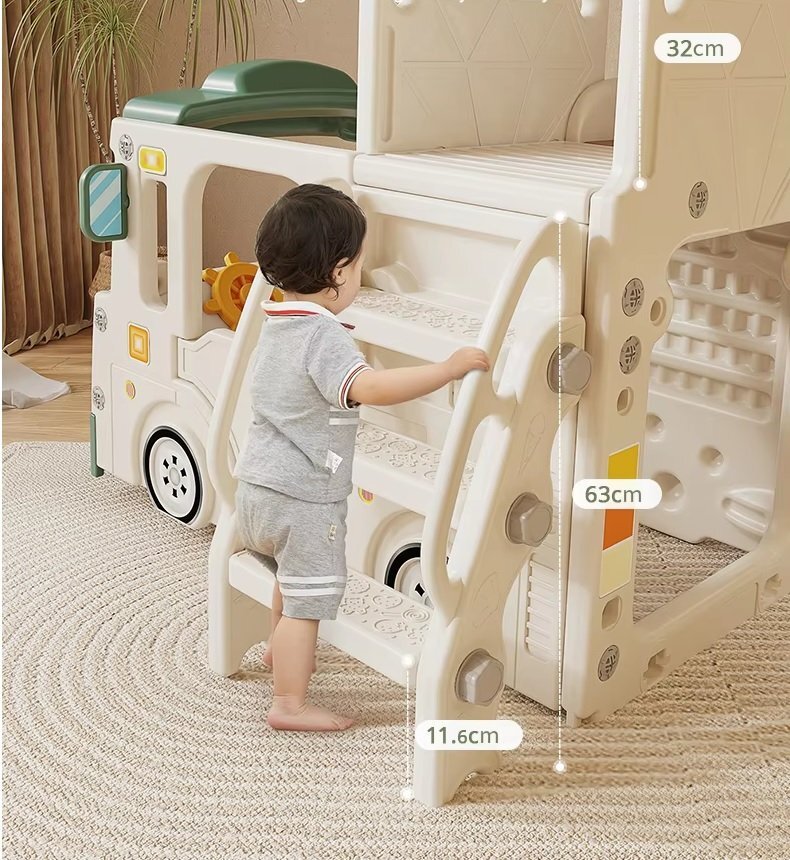 Nichiduta Garden Spatiu de joaca 3 in 1 pentru copii Happy Bus White cu tobogan cos de baschet 190 x 210 x 116 cm utilizare interiorexterior usa cu deschidere margini rotunjite