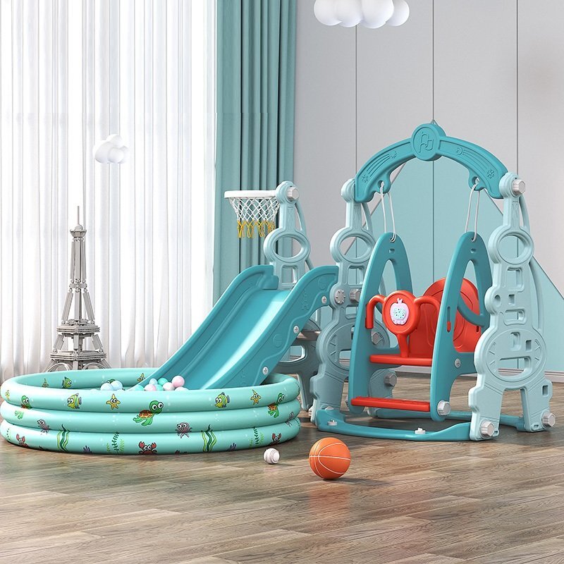 Nichiduta Garden Spatiu de joaca 3 in 1 Tower Arcada Blue cu Leagan convertibil Tobogan cu trepte late Margini rotunjite Piscina cu 200 bile joaca incluse Cos de baschet cu Minge