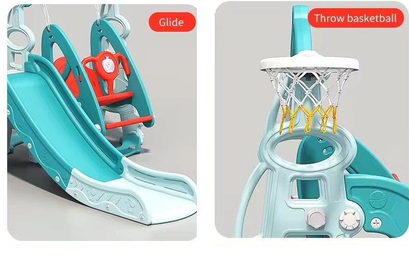 Nichiduta Garden Spatiu de joaca 3 in 1 Tower Arcada Blue cu Leagan convertibil Tobogan cu trepte late Margini rotunjite Piscina cu 200 bile joaca incluse Cos de baschet cu Minge