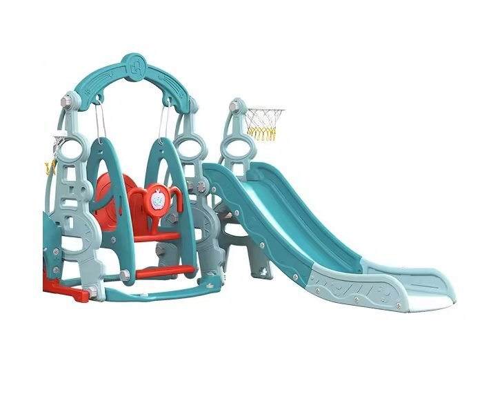 Nichiduta Garden Spatiu de joaca 3 in 1 Tower Arcada Blue cu Leagan convertibil Tobogan cu trepte late Margini rotunjite Piscina cu 200 bile joaca incluse Cos de baschet cu Minge