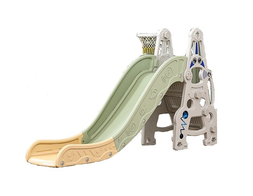 Nichiduta Garden Spatiu de joaca 3in1 Astronaut Green cu Tobogan Leagan cu bara de protectie detasabila jucarie muzicala Cos de baschet Minge si Piscina cu 200 bile incluse