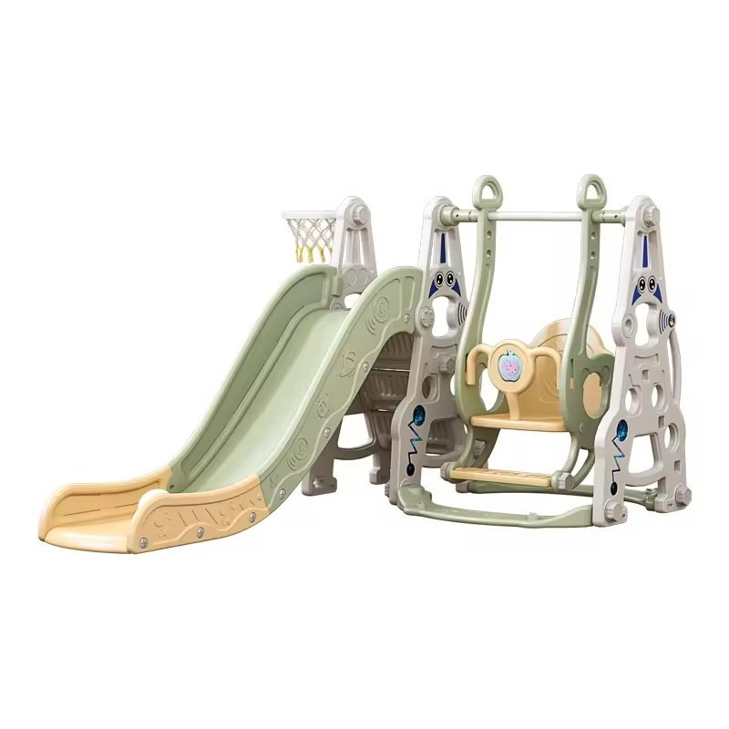 Nichiduta Garden Spatiu de joaca 3in1 Astronaut Green cu Tobogan Leagan cu bara de protectie detasabila jucarie muzicala Cos de baschet Minge si Piscina cu 200 bile incluse