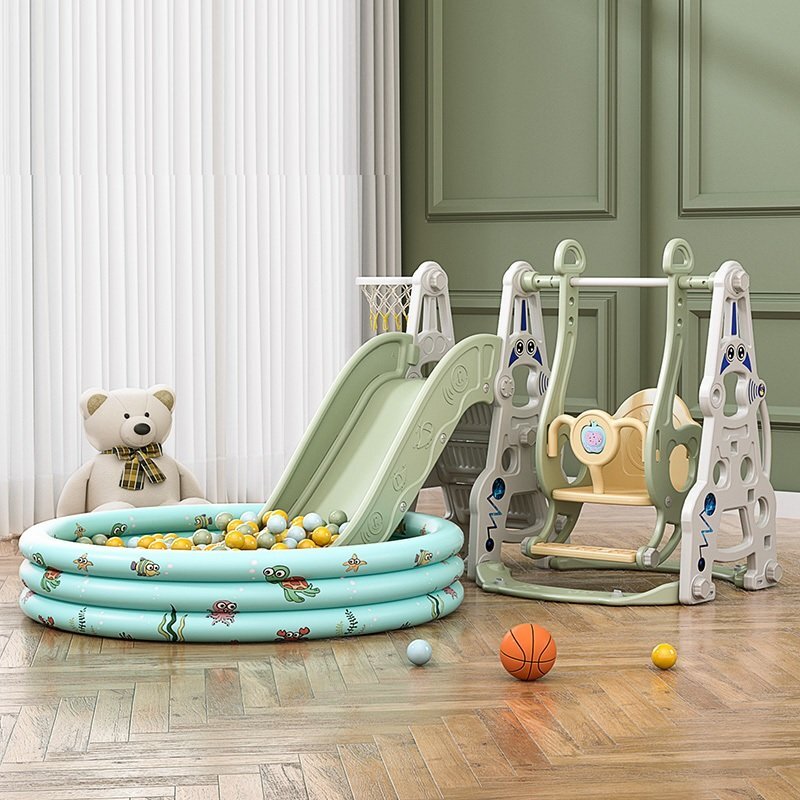 Nichiduta Garden Spatiu de joaca 3in1 Astronaut Green cu Tobogan Leagan cu bara de protectie detasabila jucarie muzicala Cos de baschet Minge si Piscina cu 200 bile incluse