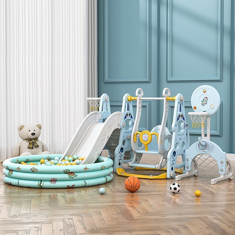 Nichiduta Garden Spatiu de joaca 4 in 1 Astronaut Blue cu leagan convertibil si bara detasabila tobogan cu manere si trepte largi poarta de fotbal cu minge Piscina cu 200 bile incluse