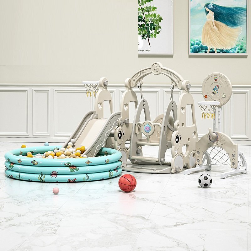 Nichiduta Garden Spatiu de joaca 4 in 1 Happy Turtle Arcada Beige cu tobogan leagan cu bara de protectie detasabila jucarie muzicala cos de baschet minge poarta de fotbal piscina cu 200 bile