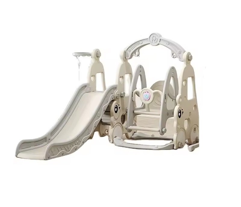 Nichiduta Garden Spatiu de joaca 4 in 1 Happy Turtle Arcada Beige cu tobogan leagan cu bara de protectie detasabila jucarie muzicala cos de baschet minge poarta de fotbal piscina cu 200 bile