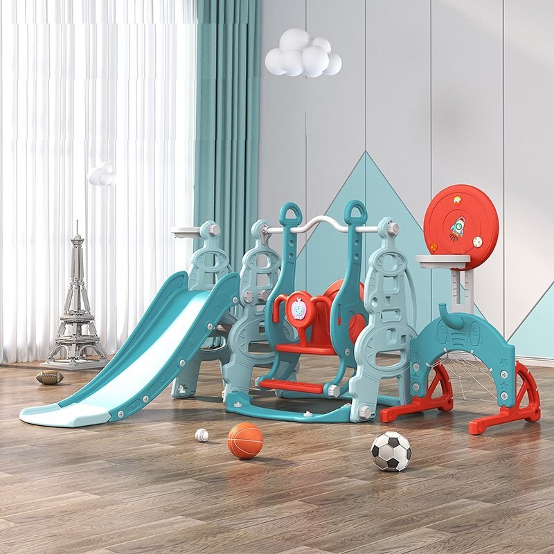 Nichiduta Garden Spatiu de joaca 4 in 1 Tower Blue cu tobogan leagan cu bara de protectie detasabila jucarie muzicala cos de baschet minge si poarta de fotbal