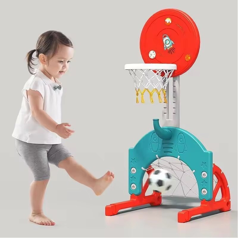 Nichiduta Garden Spatiu de joaca 4 in 1 Tower Blue cu tobogan leagan cu bara de protectie detasabila jucarie muzicala cos de baschet minge si poarta de fotbal