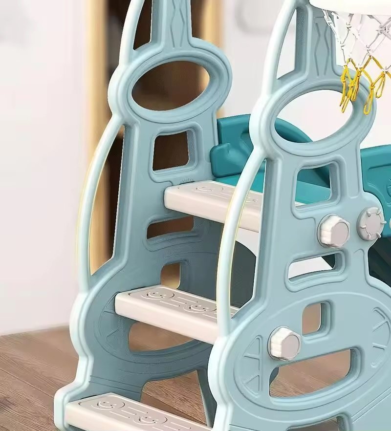 Nichiduta Garden Spatiu de joaca 4 in 1 Tower Blue cu tobogan leagan cu bara de protectie detasabila jucarie muzicala cos de baschet minge si poarta de fotbal
