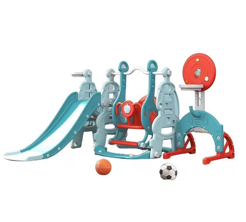 Nichiduta Garden Spatiu de joaca 4 in 1 Tower Blue cu tobogan leagan cu bara de protectie detasabila jucarie muzicala cos de baschet minge si poarta de fotbal