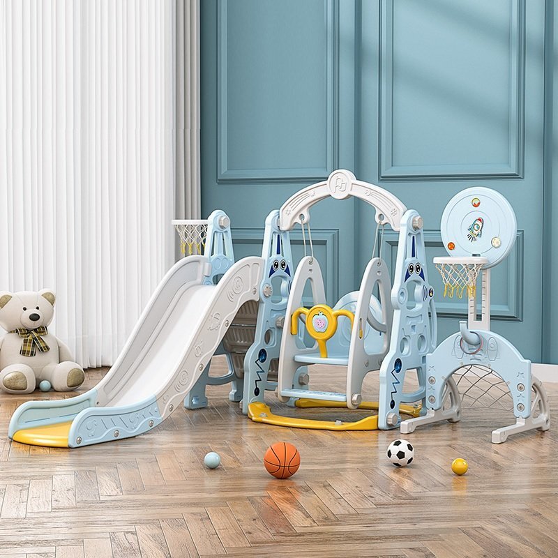 Nichiduta Garden Spatiu de joaca 4in1 Astronaut Arcada Blue cu tobogan leagan cu bara de protectie detasabila jucarie muzicala cos de baschet minge si poarta de fotbal