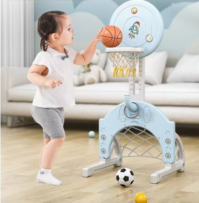 Nichiduta Garden Spatiu de joaca 4in1 Astronaut Arcada Blue cu tobogan leagan cu bara de protectie detasabila jucarie muzicala cos de baschet minge si poarta de fotbal