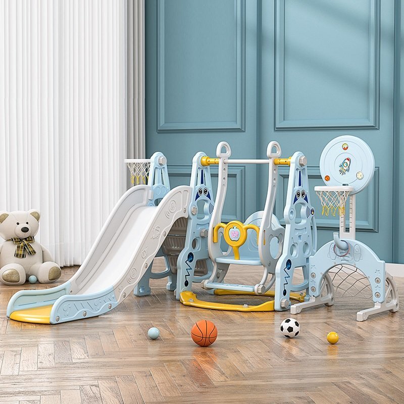 Nichiduta Garden Spatiu de joaca 4in1 Astronaut Blue cu tobogan leagan cu bara de protectie detasabila jucarie muzicala cos de baschet cu inaltime reglabila minge si poarta de fotbal