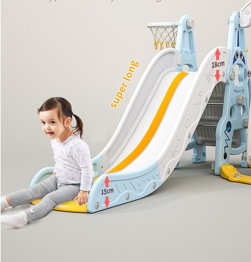 Nichiduta Garden Spatiu de joaca 4in1 Astronaut Blue cu tobogan leagan cu bara de protectie detasabila jucarie muzicala cos de baschet cu inaltime reglabila minge si poarta de fotbal