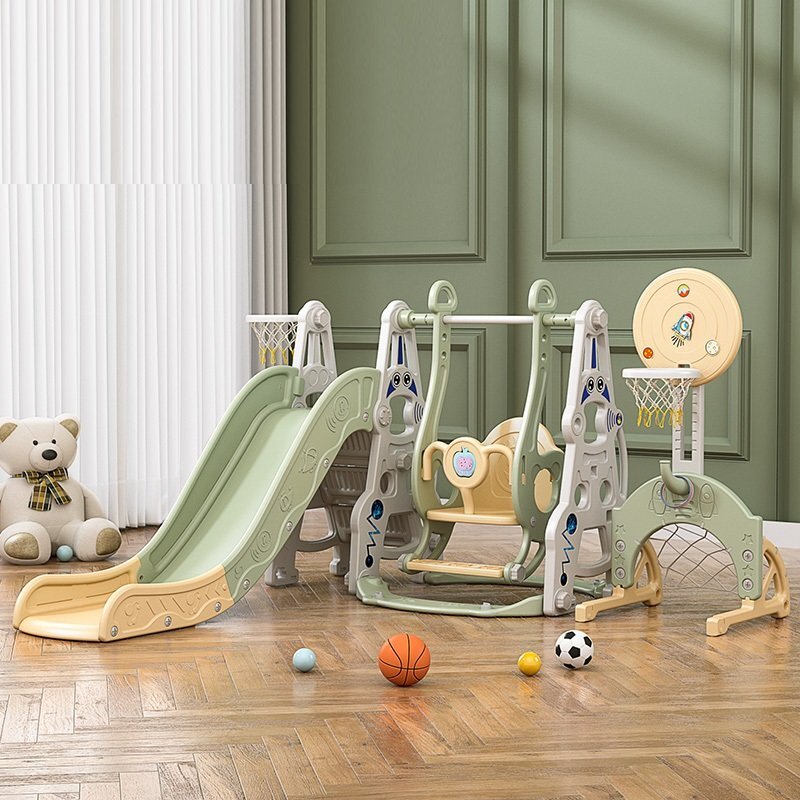 Nichiduta Garden Spatiu de joaca 4in1 Astronaut Green cu tobogan leagan cu bara de protectie detasabila jucarie muzicala cos de baschet cu inaltime reglabila minge si poarta de fotbal