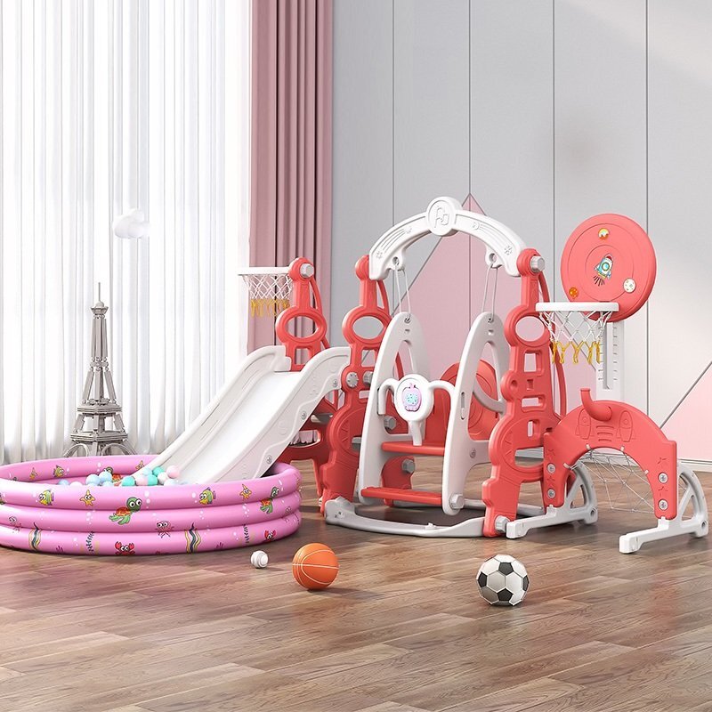Nichiduta Garden Spatiu de joaca 4in1 Tower Arcada Red cu leagan convertibil si bara detasabila tobogan cu trepte late margini rotunjite si Piscina cu 200 bile joaca incluse
