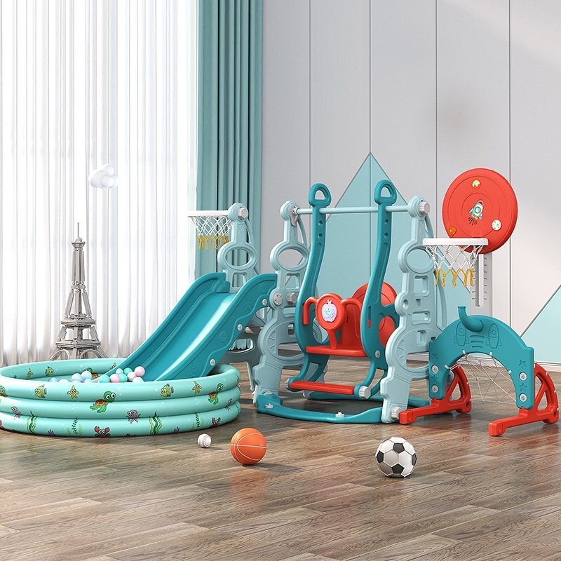 Nichiduta Garden Spatiu de joaca 4in1 Tower Blue cu tobogan leagan cu bara de protectie detasabila jucarie muzicala cos de baschet minge poarta de fotbal si piscina cu 200 bile incluse