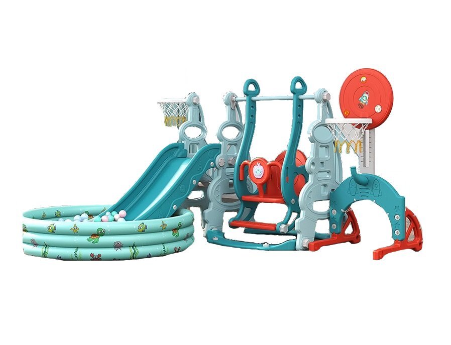 Nichiduta Garden Spatiu de joaca 4in1 Tower Blue cu tobogan leagan cu bara de protectie detasabila jucarie muzicala cos de baschet minge poarta de fotbal si piscina cu 200 bile incluse