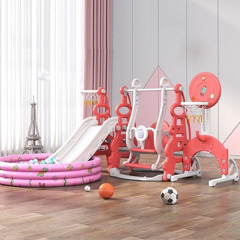 Nichiduta Garden Spatiu de joaca 4in1 Tower Red cu tobogan leagan cu bara de protectie detasabila jucarie muzicala cos de baschet minge poarta de fotbal si piscina cu 200 bile incluse
