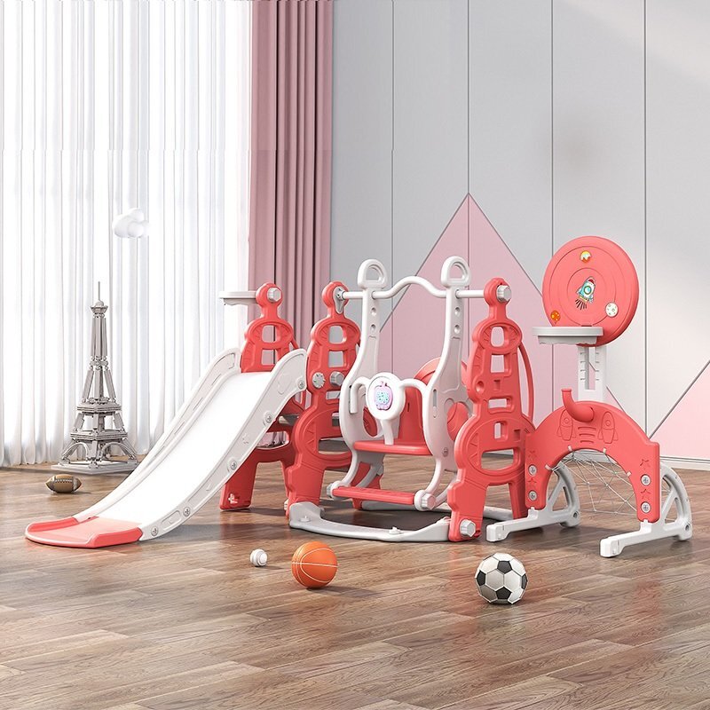 Nichiduta Garden Spatiu de joaca 4in1 Tower Red cu tobogan leagan cu bara de protectie detasabila jucarie muzicala cos de baschet minge poarta de fotbal si piscina cu 200 bile incluse