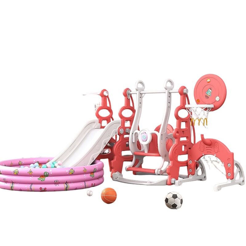 Nichiduta Garden Spatiu de joaca 4in1 Tower Red cu tobogan leagan cu bara de protectie detasabila jucarie muzicala cos de baschet minge poarta de fotbal si piscina cu 200 bile incluse