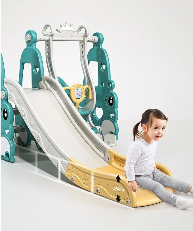 Nichiduta Garden Spatiu de joaca Happy Turtle Blue 3 in 1 cu tobogan leagan cu bara de protectie detasabila jucarie muzicala cos de baschet mingie si piscina cu 200 bile joaca incluse