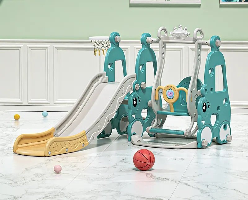 Nichiduta Garden Spatiu de joaca Happy Turtle Blue 3 in 1 cu tobogan leagan cu bara de protectie detasabila jucarie muzicala cos de baschet mingie si piscina cu 200 bile joaca incluse