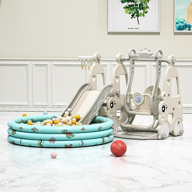 Nichiduta Garden Spatiu de joaca Happy Turtle Grey 3 in 1 cu tobogan leagan cu bara de protectie detasabila jucarie muzicala cos de baschet mingie si piscina cu 200 bile joaca incluse