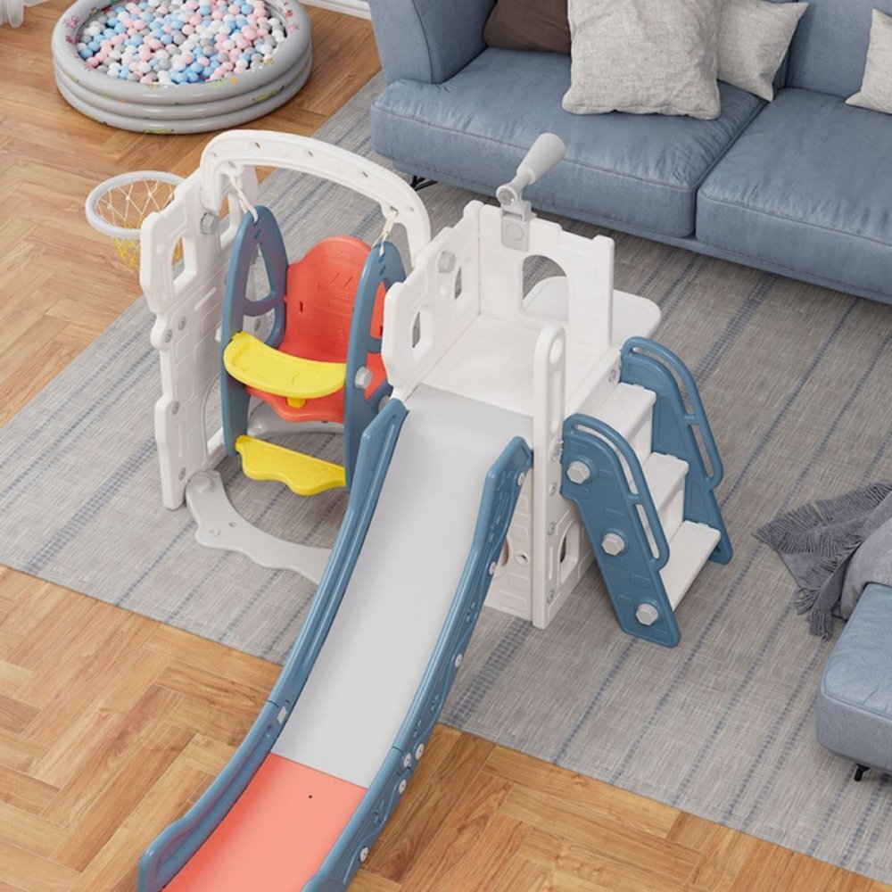Nichiduta Garden Spatiu de joaca pentru copii 3 in 1 Blue cu platforma tobogan leagan cu bara de protectie detasabila cos de baschet