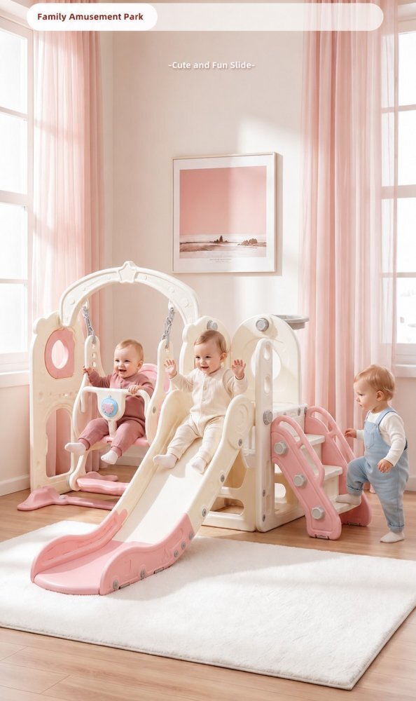Nichiduta Garden Spatiu de joaca pentru copii 3in1 Pink cu platforma tobogan leagan cu bara de protectie detasabila jucarie muzicala cos de baschet dimensiune 170 x 145 x 110 cm