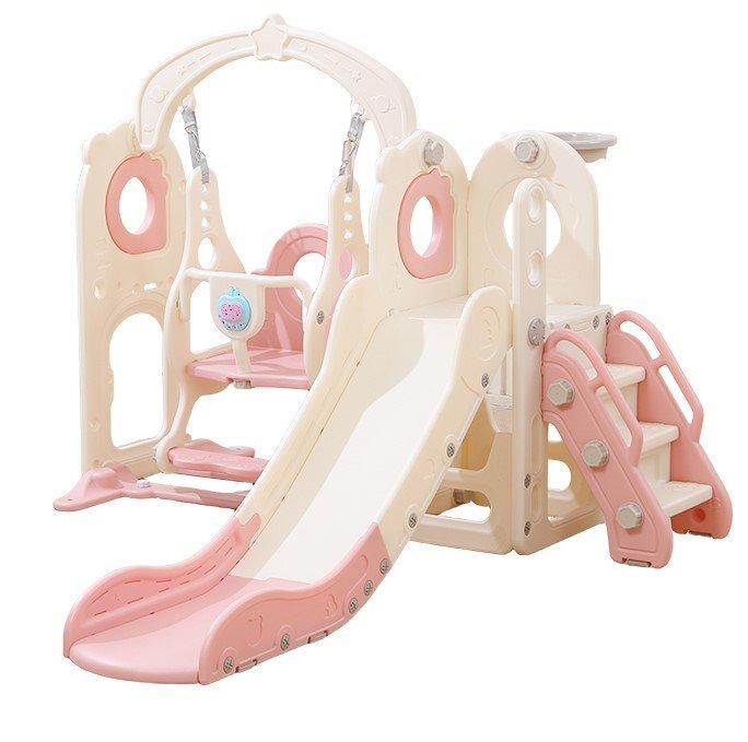 Nichiduta Garden Spatiu de joaca pentru copii 3in1 Pink cu platforma tobogan leagan cu bara de protectie detasabila jucarie muzicala cos de baschet dimensiune 170 x 145 x 110 cm