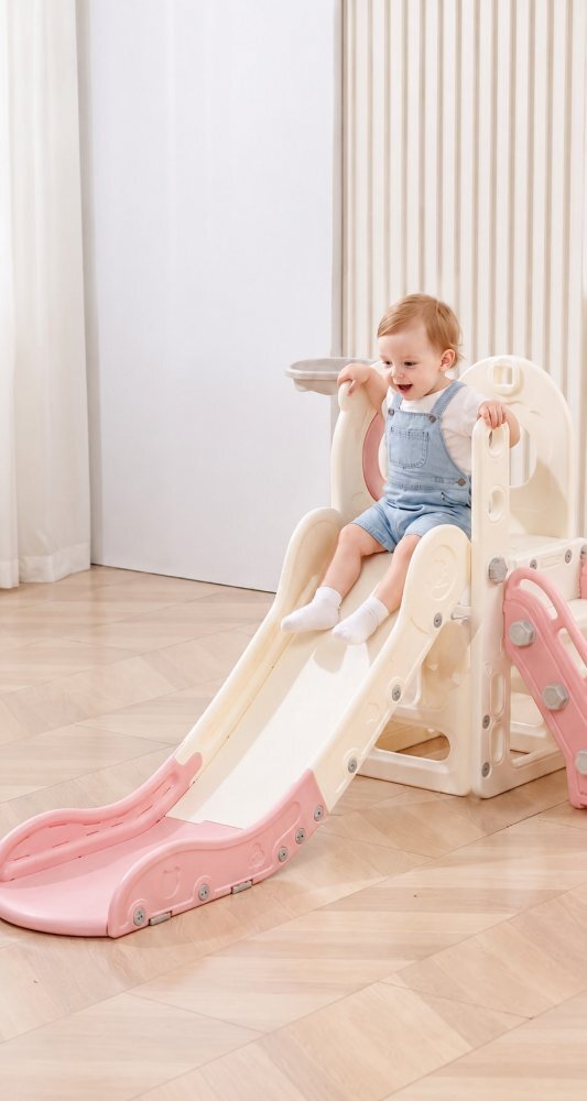 Nichiduta Garden Spatiu de joaca pentru copii 3in1 Pink cu platforma tobogan leagan cu bara de protectie detasabila jucarie muzicala cos de baschet dimensiune 170 x 145 x 110 cm