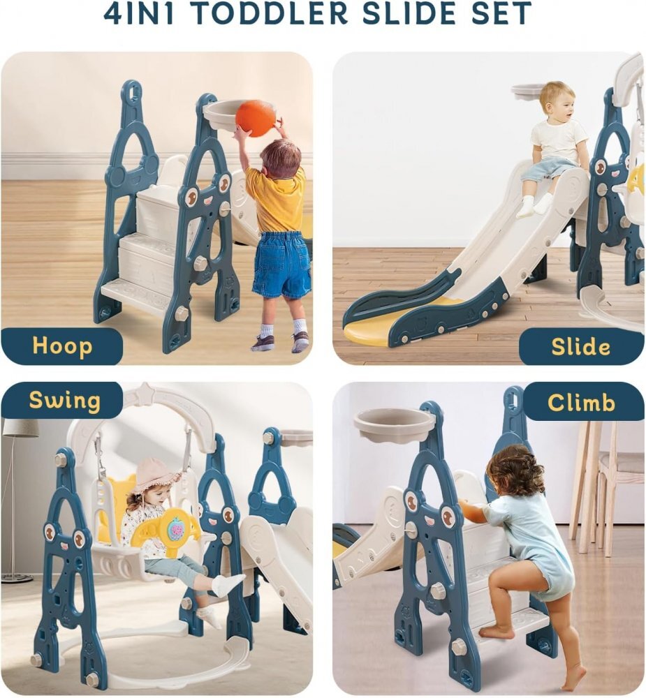 Nichiduta Garden Spatiu de joaca pentru copii 3in1 Rocket Blue cu tobogan leagan cu bara de protectie detasabila jucarie muzicala cos de baschet dimensiune 50 x 135 x 116 cm