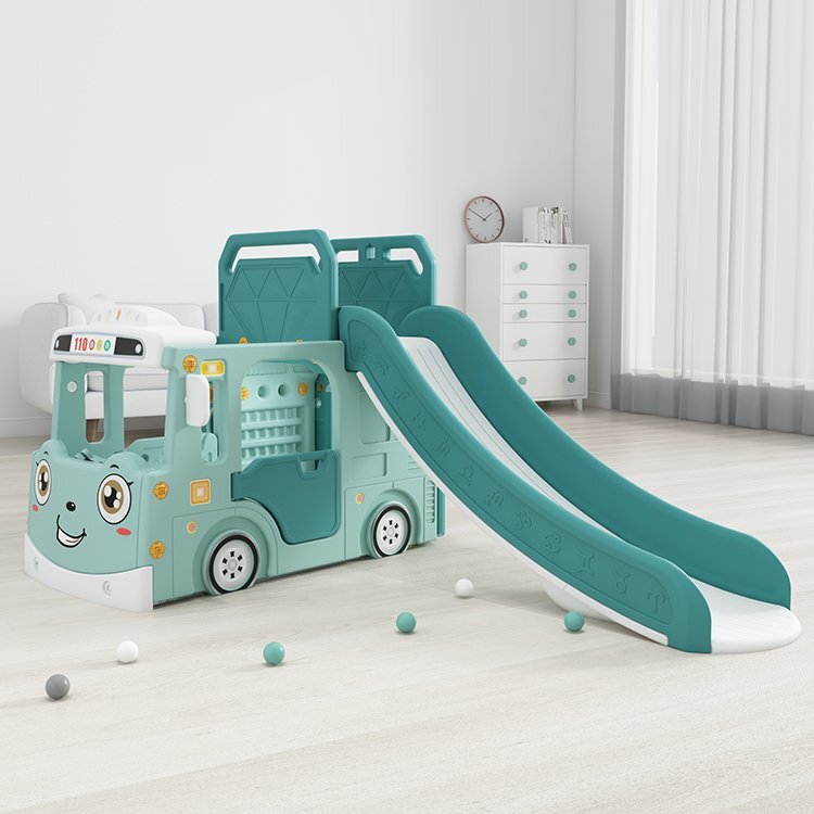 Nichiduta Garden Spatiu de joaca pentru copii 4 in 1 Nichiduta Happy Bus Green cu saltea impermeabila din spuma Leagan convertibil Tobogan cu manere si trepte antiderapante Cos de baschet