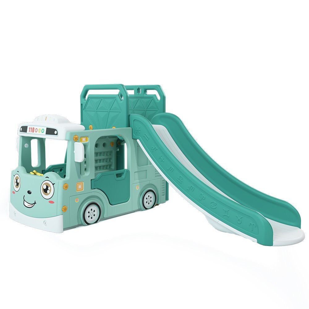 Nichiduta Garden Spatiu de joaca pentru copii 4 in 1 Nichiduta Happy Bus Green cu saltea impermeabila din spuma Leagan convertibil Tobogan cu manere si trepte antiderapante Cos de baschet