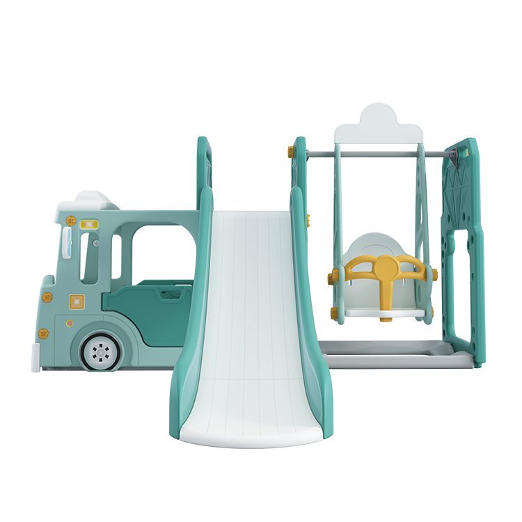 Nichiduta Garden Spatiu de joaca pentru copii 4 in 1 Nichiduta Happy Bus Green cu saltea impermeabila din spuma Leagan convertibil Tobogan cu manere si trepte antiderapante Cos de baschet