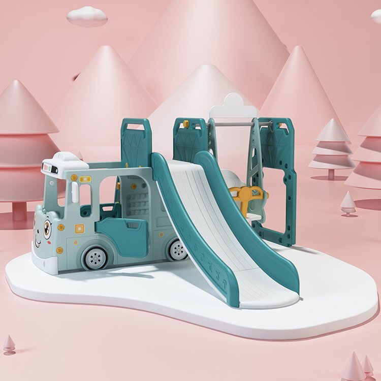 Nichiduta Garden Spatiu de joaca pentru copii 4 in 1 Nichiduta Happy Bus Green cu saltea impermeabila din spuma Leagan convertibil Tobogan cu manere si trepte antiderapante Cos de baschet