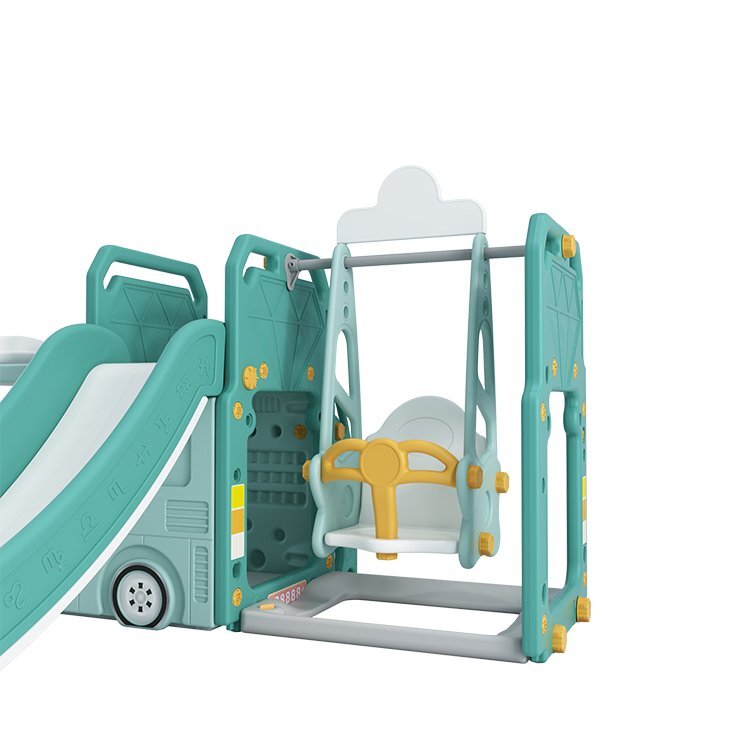 Nichiduta Garden Spatiu de joaca pentru copii 4 in 1 Nichiduta Happy Bus Green cu saltea impermeabila din spuma Leagan convertibil Tobogan cu manere si trepte antiderapante Cos de baschet