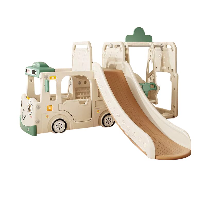 Nichiduta Garden Spatiu de joaca pentru copii 4 in 1 Nichiduta Happy Bus White cu saltea impermeabila din spuma Leagan convertibil Tobogan cu manere si trepte antiderapante Cos de baschet