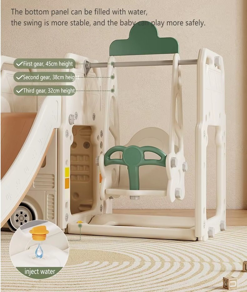 Nichiduta Garden Spatiu de joaca pentru copii 4 in 1 Nichiduta Happy Bus White cu saltea impermeabila din spuma Leagan convertibil Tobogan cu manere si trepte antiderapante Cos de baschet